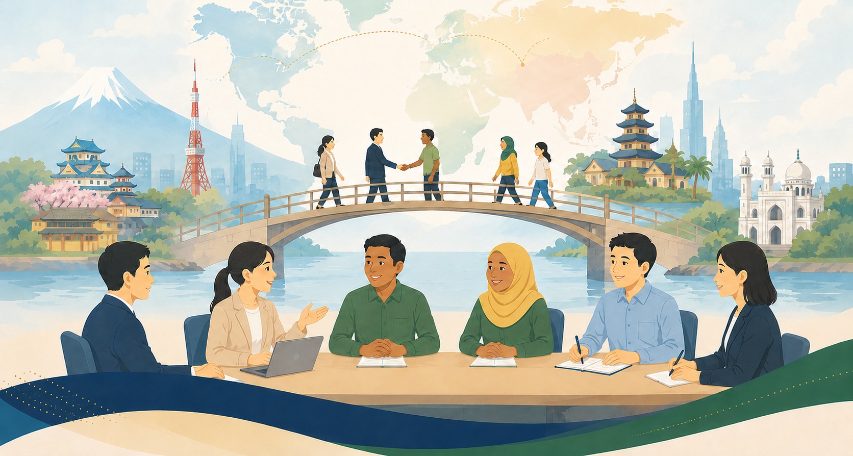 日本と世界の街並みを背景に、橋の上で人々が行き交い、手前では企業の担当者と各国の外国人材が同じテーブルで打ち合わせをしているイラスト