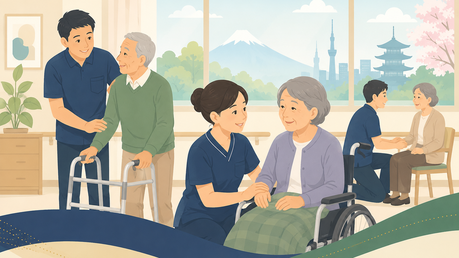 介護の現場で高齢者に寄り添うスタッフのイラスト