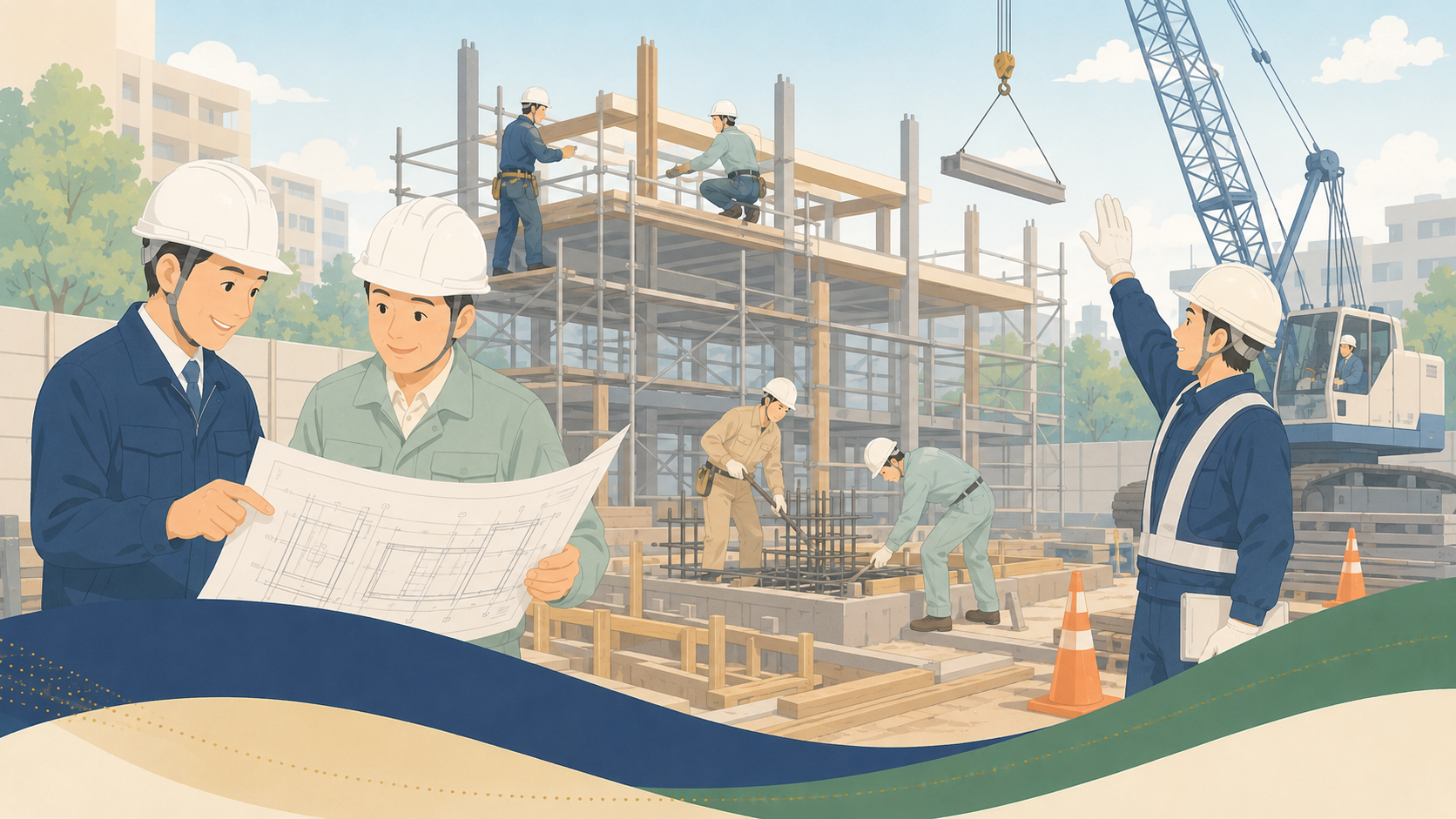 建設現場で図面を確認し作業する様子のイラスト