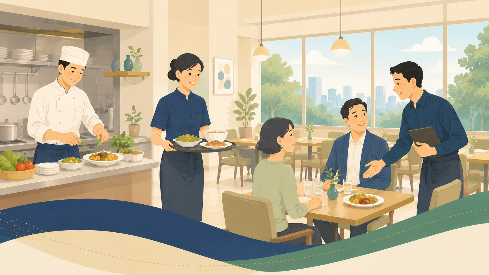 飲食店で調理・接客を行うスタッフのイラスト
